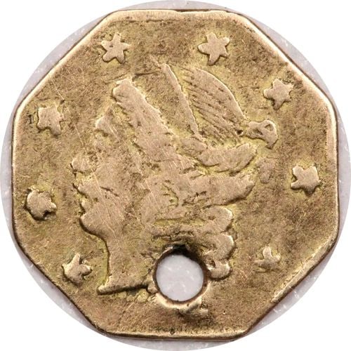 1871 CALIFORNIA FRACTIONAL GOLD OCTAGONAL 25 CENT, VERY FINE VF HOLED, BG-717 R3 (1 of 2)