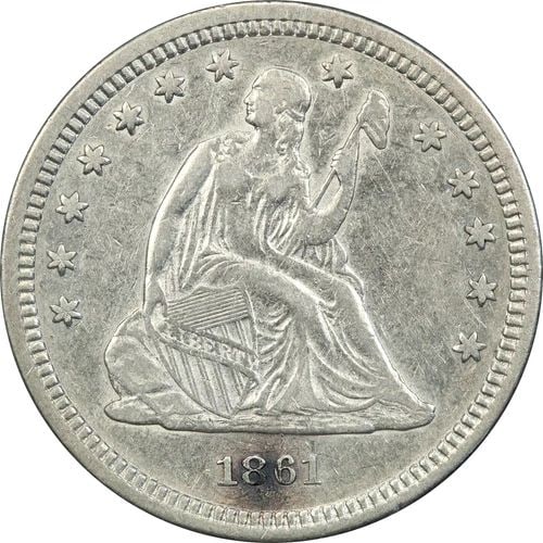 1861 SEATED LIBERTY QUARTER 25C, ABOUT UNCIRCULATED AU (1 of 2)