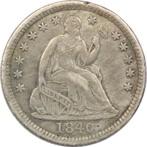 1840 WITH DRAPERY SEATED LIBERTY HALF DIME H10C, EXTREMELY FINE XF, BENT (1 of 2)