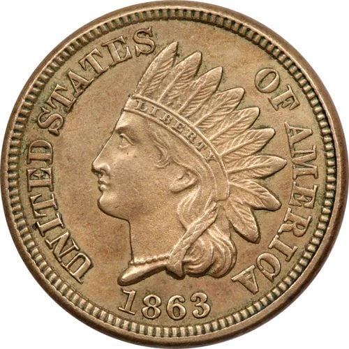 1863 COPPER NICKEL INDIAN HEAD CENT 1C, UNCIRCULATED BU, LIGHTLY CLEANED (1 of 2)