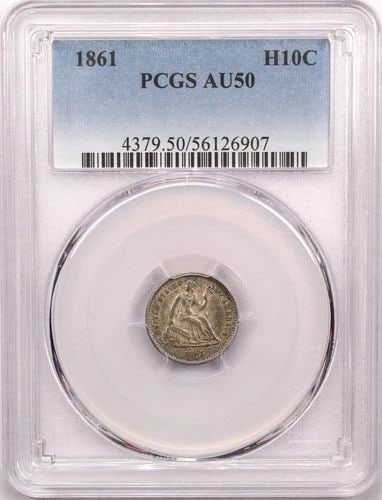 1861 SEATED LIBERTY HALF DIME H10C, PCGS AU50, ABOUT UNCIRCULATED, TONED (1 of 2)