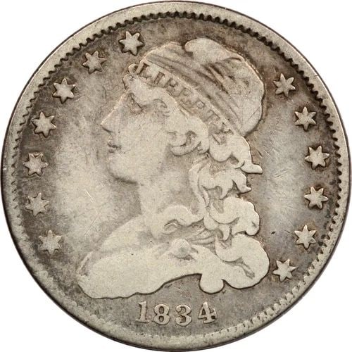 1834 CAPPED BUST QUARTER 25C, FINE F+ (1 of 2)
