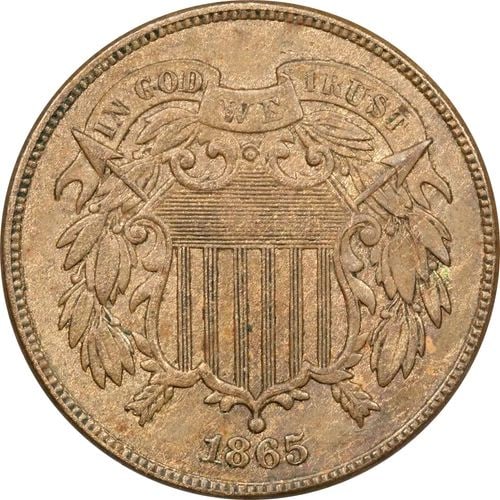 1865 TWO CENT PIECE 2C, BRILIANT UNCIRCULATED BU, BROWN BUT SOME RED (1 of 2)