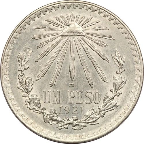 1921 MEXICO SILVER 1 PESO, UNCIRCULATED BU, KM# 455. KEY DATE!!! (1 of 2)