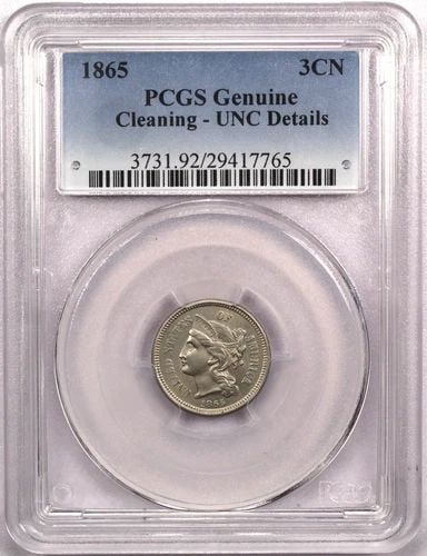 1865 3 CENT NICKEL 3CN, PCGS GENUINE UNC DETAILS CLEANING, UNCIRCULATED BU: 1865 3 CENT NICKEL 3CN, PCGS GENUINE UNC DETAILS CLEANING, UNCIRCULATED BU 1865 3 Cent Nickel 3CN, PCGS Genuine UNC Details Cleaning, Uncirculated BU THE ITEM(S) IN THE PHOTO(S) IS THE EXACT ITEM(S) Y