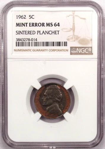 1962 JEFFERSON NICKEL 5C SINTERED PLANCHET MINT ERROR, NGC MS64 (1 of 2)