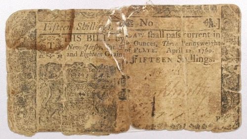 1760 NEW JERSEY FIFTEEN SHILLINGS COLONIAL CURRENCY, HEAVILY CIRCULATED + TAPED (1 of 2)