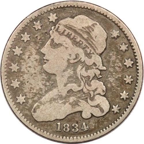 1834 CAPPED BUST QUARTER 25C, FINE F (1 of 2)