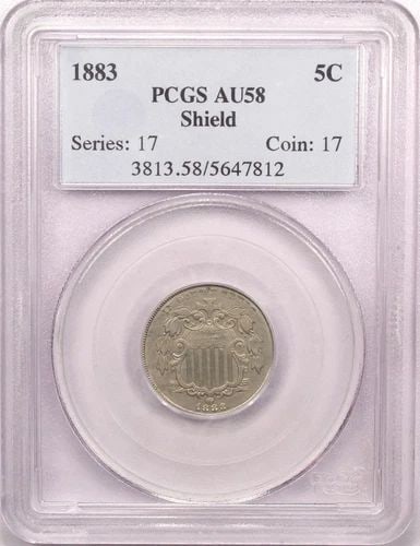 1883 SHIELD NICKEL 5C, PCGS AU58, ABOUT UNCIRCULATED (1 of 2)