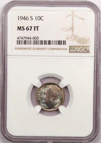 1946-S ROOSEVELT DIME 10C, NGC MS67FT FULL TORCH, COLORFUL TONING!!!: 1946-S ROOSEVELT DIME 10C, NGC MS67FT FULL TORCH, COLORFUL TONING!!! 1946-S Roosevelt Dime 10C, NGC MS67FT Full Torch, Colorful Toning!!! THE ITEM(S) IN THE PHOTO(S) IS THE EXACT ITEM(S) YOU WILL RECE