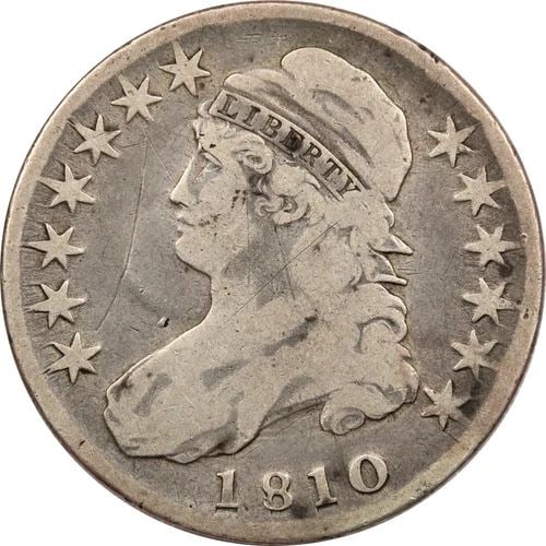 1810 CAPPED BUST HALF DOLLAR 50C, FINE F, SCRATCHED: 1810 CAPPED BUST HALF DOLLAR 50C, FINE F, SCRATCHED 1810 Capped Bust Half Dollar 50C, Fine F, Scratched THE ITEM(S) IN THE PHOTO(S) IS THE EXACT ITEM(S) YOU WILL RECEIVE!