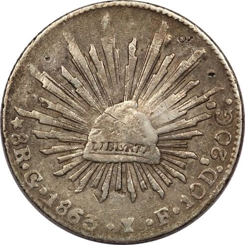 1863 GO YF MEXICO SILVER 8 REALES, VERY FINE VF, KM# 377.8 (1 of 2)