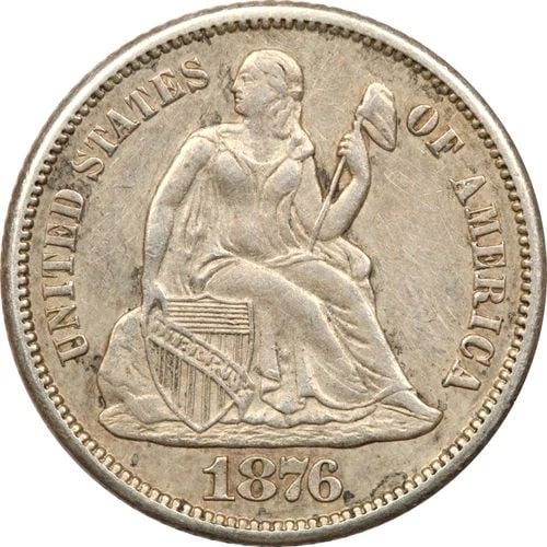 1876-S SEATED LIBERTY DIME 10C, ABOUT UNCIRCULATED AU, CLEANED (1 of 2)
