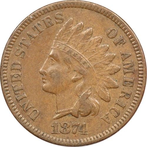 1874 INDIAN HEAD CENT 1C, ABOUT UNCIRCULATED AU (1 of 2)