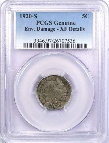 1920-S BUFFALO NICKEL 5C, PCGS GENUINE XF DETAILS, ENV. DAMAGE. EXTREMELY FINE (1 of 2)