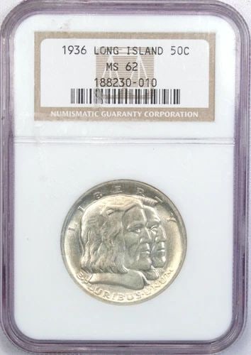 1936 LONG ISLAND COMMEMORATIVE HALF DOLLAR 50C, NGC MS62, UNCIRCULATED BU: 1936 LONG ISLAND COMMEMORATIVE HALF DOLLAR 50C, NGC MS62, UNCIRCULATED BU 1936 Long Island Commemorative Half Dollar 50C, NGC MS62, Uncirculated BU THE ITEM(S) IN THE PHOTO(S) IS THE EXACT ITEM(S) YOU