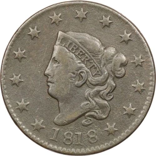 1818 CORONET HEAD LARGE CENT 1C, VERY FINE VF+, ENVIRONMENTAL DAMAGE (1 of 2)