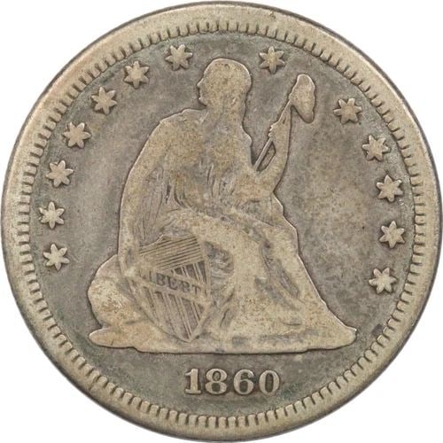 1860 SEATED LIBERTY QUARTER 25C, FINE F+ (1 of 2)