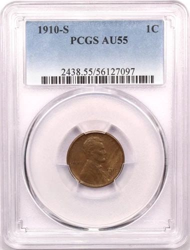 1910-S LINCOLN WHEAT CENT 1C, PCGS AU55, ABOUT UNCIRCULATED: 1910-S LINCOLN WHEAT CENT 1C, PCGS AU55, ABOUT UNCIRCULATED 1910-S Lincoln Wheat Cent 1C, PCGS AU55, About Uncirculated