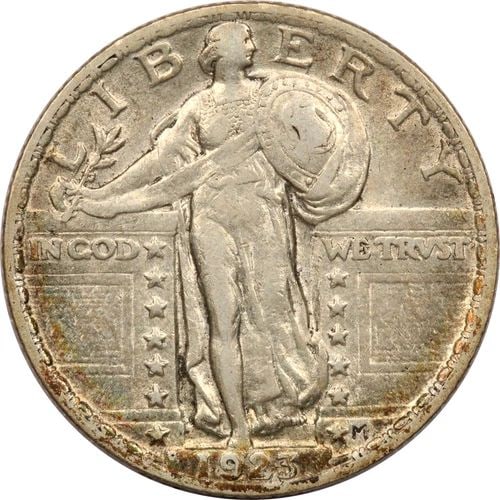1923 STANDING LIBERTY QUARTER 25C, ABOUT UNCIRCULATED AU, TONED (1 of 2)