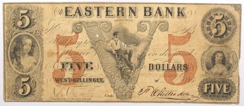 1800'S EASTERN BANK $5 CONNECTICUT CT OBSOLETE, CIRCULATED W/ INTERNAL TEARS (1 of 2)
