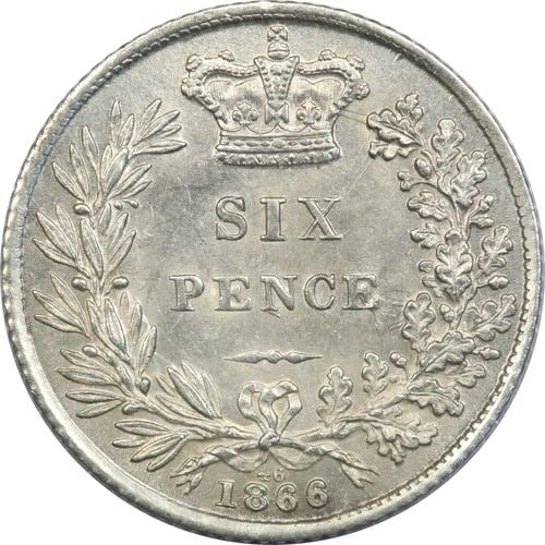 1866 GREAT BRITAIN UK 6 PENCE DIE 46, ABOUT UNCIRCULATED AU, LIGHTLY CLEANED (1 of 2)
