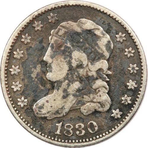 1830 CAPPED BUST HALF DIME H10C, FINE F, HEAVY MOTTLED TONING (1 of 2)
