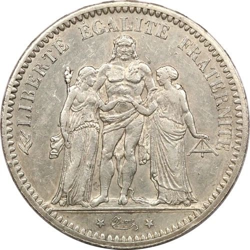 1873 A FRANCE 5 FRANCS, ABOUT UNCIRCULATED AU, KM# 820.1 (1 of 2)