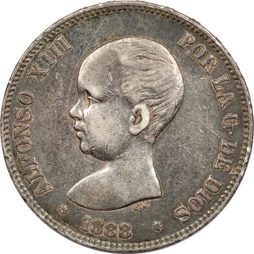 1888 MP-M SPAIN SILVER 5 PESETAS, EXTREMELY FINE XF, KM# 689 (1 of 2)