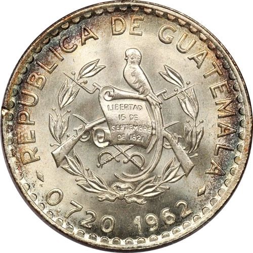 1962 GUATEMALA SILVER 50 CENTAVOS, GEM UNCIRCULATED BU, LIGHTLY TONED, KM# 264 (1 of 2)