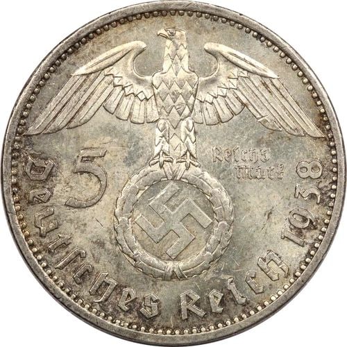 1938 A NAZI GERMANY THIRD REICH 5 MARK SILVER, UNCIRCULATED BU, TONED, KM# 94: 1938 A NAZI GERMANY THIRD REICH 5 MARK SILVER, UNCIRCULATED BU, TONED, KM# 94 1938 A Nazi Germany Third Reich 5 Mark Silver, Uncirculated BU, Toned, KM# 94 THE ITEM(S) IN THE PHOTO(S) IS THE EXACT ITE