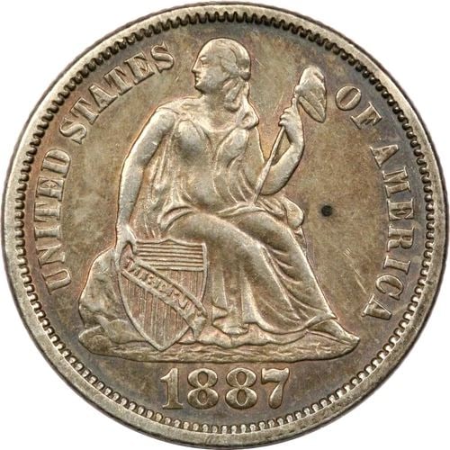1887 SEATED LIBERTY DIME 10C, ABOUT UNCIRCULATED AU, TONED (1 of 2)