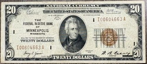 1929 $20 NATIONAL CURRENCY FRN MINNEAPOLIS MN, VERY FINE VF+: 1929 $20 NATIONAL CURRENCY FRN MINNEAPOLIS MN, VERY FINE VF+ 1929 $20 National Currency FRN Minneapolis MN, Very Fine VF+ THE ITEM(S) IN THE PHOTO(S) IS THE EXACT ITEM(S) YOU WILL RECEIVE!