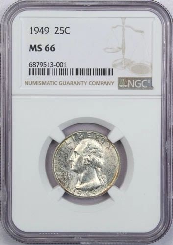 1949 WASHINGTON QUARTER 25C, NGC MS66, GEM UNCIRCULATED BU, LIGHTLY TONED (1 of 2)