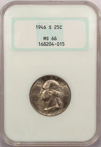 1946-S WASHINGTON QUARTER 25C, NGC MS66 OLD GREEN FATTY HOLDER, TONED GEM UNC (1 of 2)