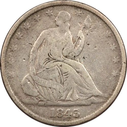 1843 SEATED LIBERTY HALF DOLLAR 50C, FINE F, TOOLED (1 of 2)