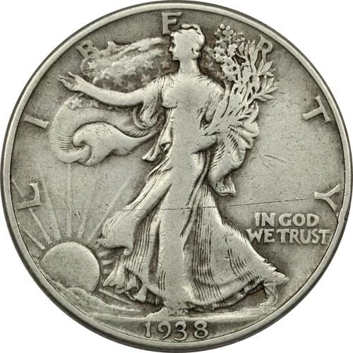 1938-D WALKING LIBERTY HALF DOLLAR 50C, FINE F+, OLD SCRATCH (1 of 2)