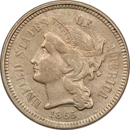 1865 THREE CENT NICKEL 3CN, ABOUT UNCIRCULATED AU, CLEANED: 1865 THREE CENT NICKEL 3CN, ABOUT UNCIRCULATED AU, CLEANED 1865 Three Cent Nickel 3CN, About Uncirculated AU, Cleaned THE ITEM(S) IN THE PHOTO(S) IS THE EXACT ITEM(S) YOU WILL RECEIVE!