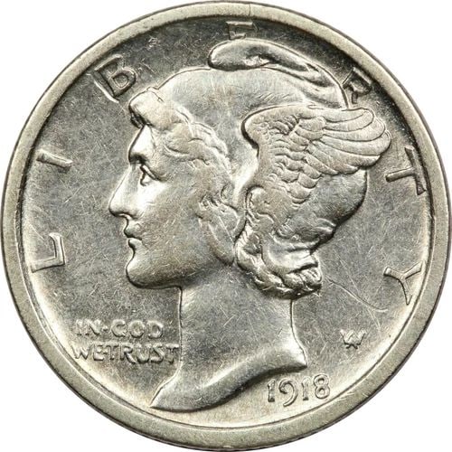 1918-S MERCURY DIME 10C, XF/AU CONDITION (1 of 2)