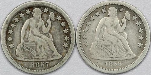 1856 & 1857 SEATED LIBERTY DIMES 10C, FINE F CONDITION, 2 COINS TOTAL (1 of 2)
