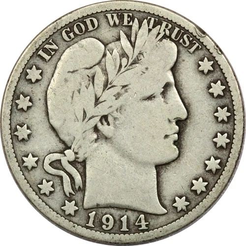 1914-S BARBER HALF DOLLAR 50C, FINE F, MINOR RIM DAMAGE (1 of 2)