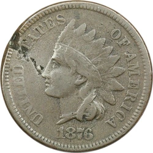 1876 INDIAN HEAD CENT 1C, VERY FINE VF, DAMAGED (1 of 2)