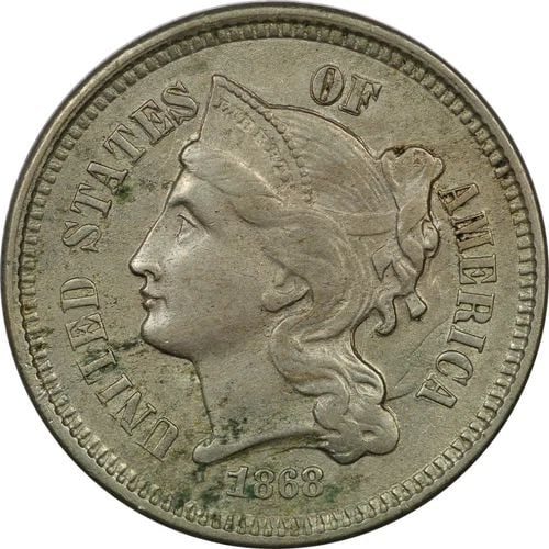 1868 THREE CENT NICKEL 3CN, ABOUT UNCIRCULATED AU. MINOR STAINS (1 of 2)