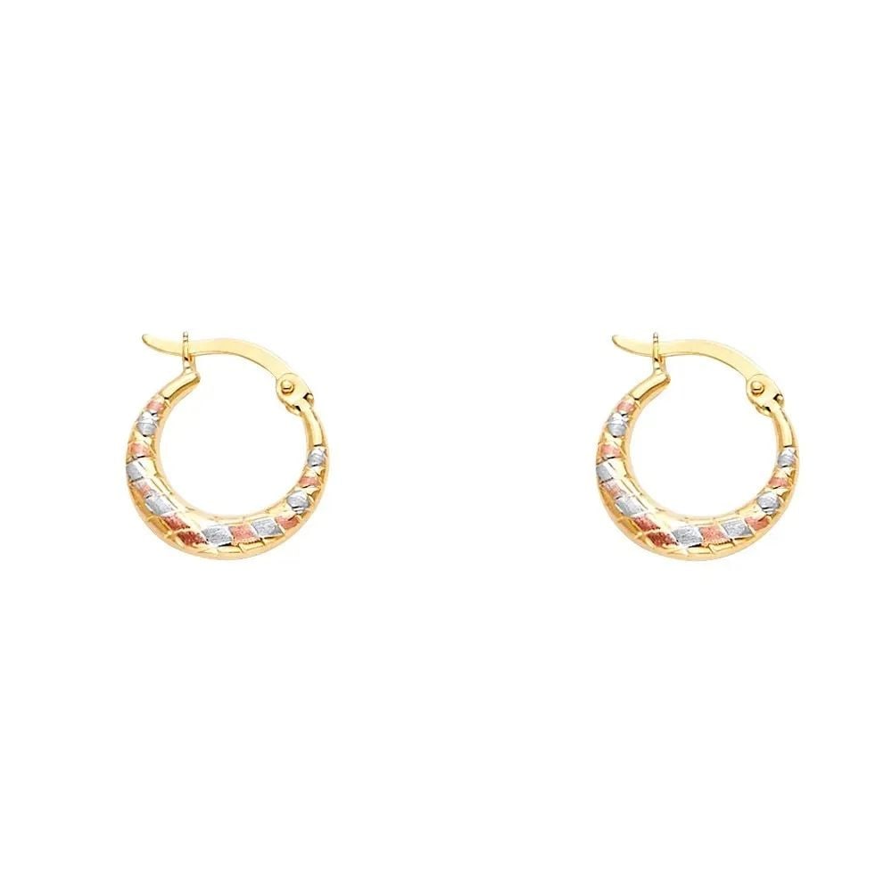NEW 14K TRI COLOR GOLD DOUBLE FACE X DESIGN HOLLOW EARRINGS: NEW 14K TRI COLOR GOLD DOUBLE FACE X DESIGN HOLLOW EARRINGS DOUBLE FACE X DESIGN HOLLOW EARRINGS NEW 14K TRI COLOR GOLD HEIGHT - 15 mm WIDTH - 15 mm Apx WEIGHT - 1.1 g