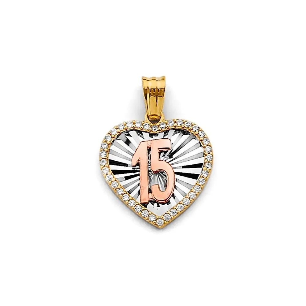 NEW 14K TRI COLOR GOLD HEART 15 YEARS PENDANT: NEW 14K TRI COLOR GOLD HEART 15 YEARS PENDANT HEART 15 YEARS PENDANT NEW 14K TRI COLOR GOLD Height : 20 mm Width : 15 mm Apx. WEIGHT : 1.4g