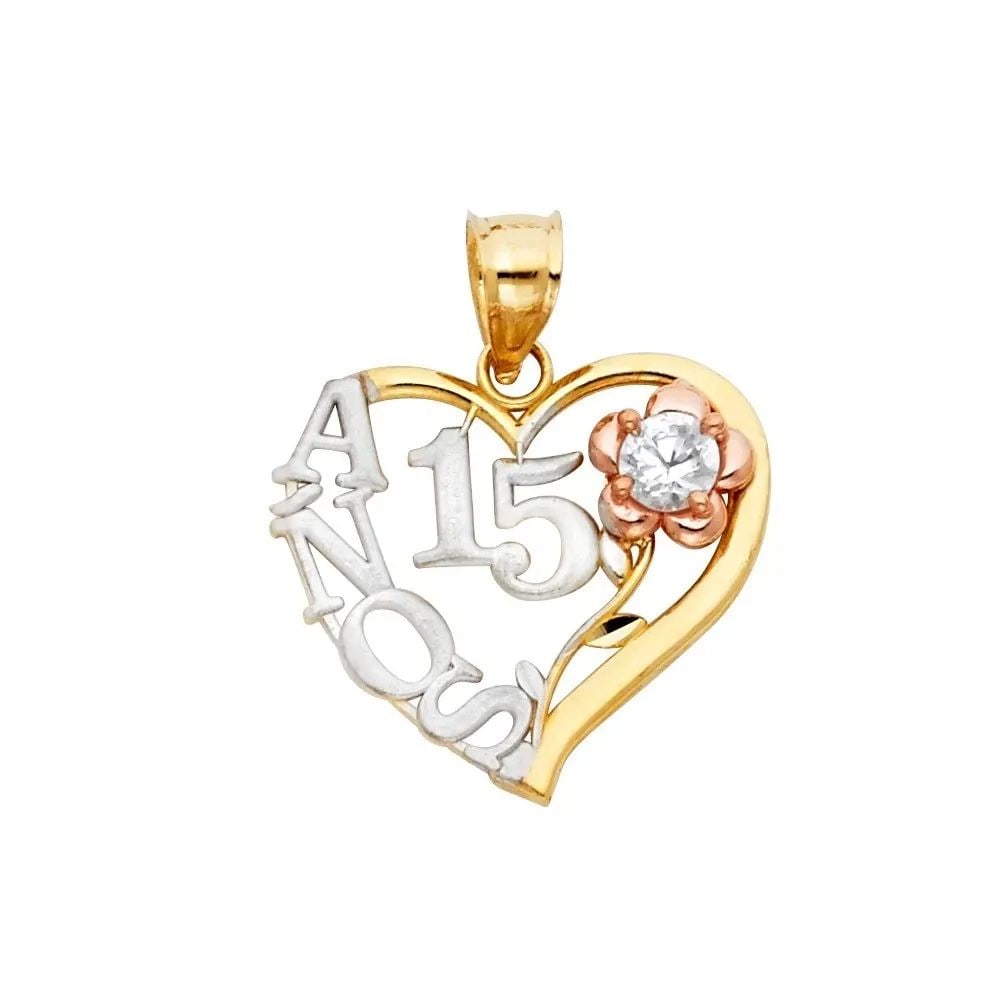 NEW 14K TRI COLOR GOLD 15 YEARS HEART PENDANT (1 of 2)