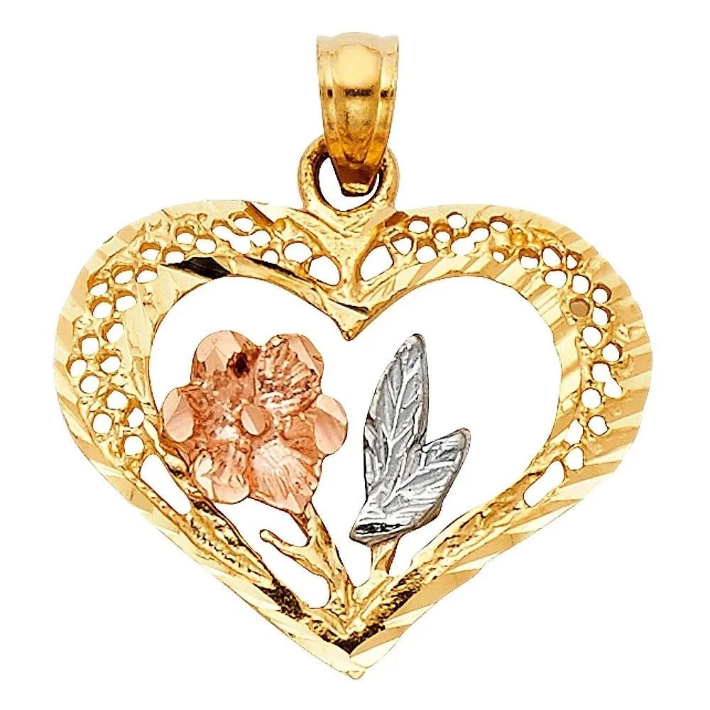 NEW 14K TRI COLOR GOLD HEART WITH ROSE PENDANT: NEW 14K TRI COLOR GOLD HEART WITH ROSE PENDANT HEART WITH ROSE PENDANT NEW 14K TRI COLOR GOLD Height : 15 mm Width : 20 mm Apx. WEIGHT : 1.4g