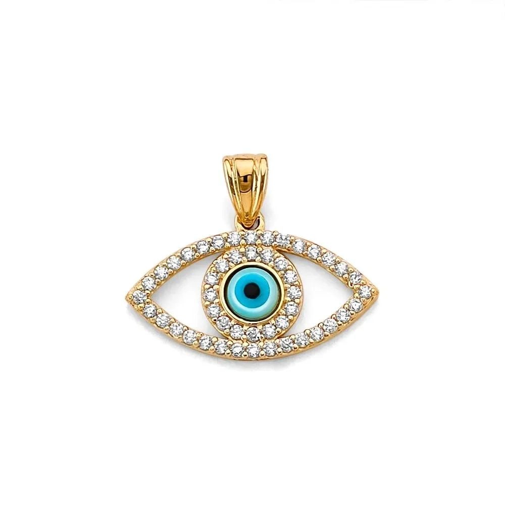 NEW 14K YELLOW GOLD EVIL EYE PENDANT: NEW 14K YELLOW GOLD EVIL EYE PENDANT EVIL EYE PENDANT NEW 14K YELLOW GOLD Height : 15 mm Width : 20 mm Apx. WEIGHT : 1.4g