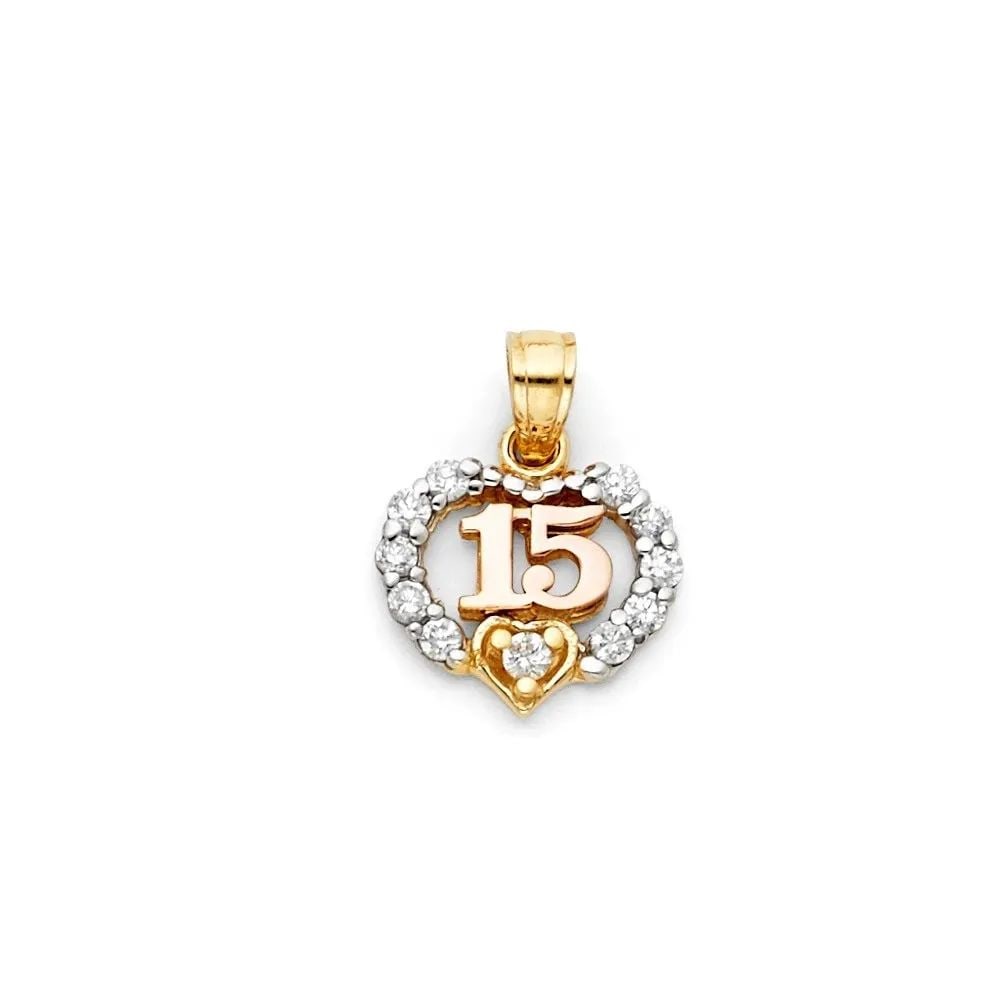 NEW 14K TRI COLOR GOLD 15 YEARS HEART PENDANT: NEW 14K TRI COLOR GOLD 15 YEARS HEART PENDANT 15 YEARS HEART PENDANT NEW 14K TRI COLOR GOLD Height : 10 mm Width : 13 mm Apx. WEIGHT : 1.2g