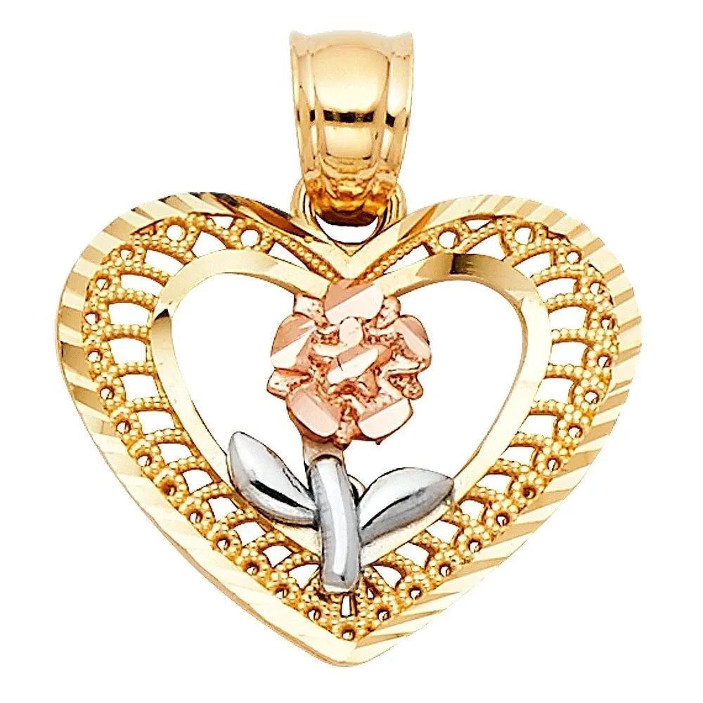 NEW 14K TRI COLOR GOLD HEART FLOWER PENDANT: NEW 14K TRI COLOR GOLD HEART FLOWER PENDANT HEART FLOWER PENDANT NEW 14K TRI COLOR GOLD Height : 15 mm Width : 17 mm Apx. WEIGHT : 1.2g